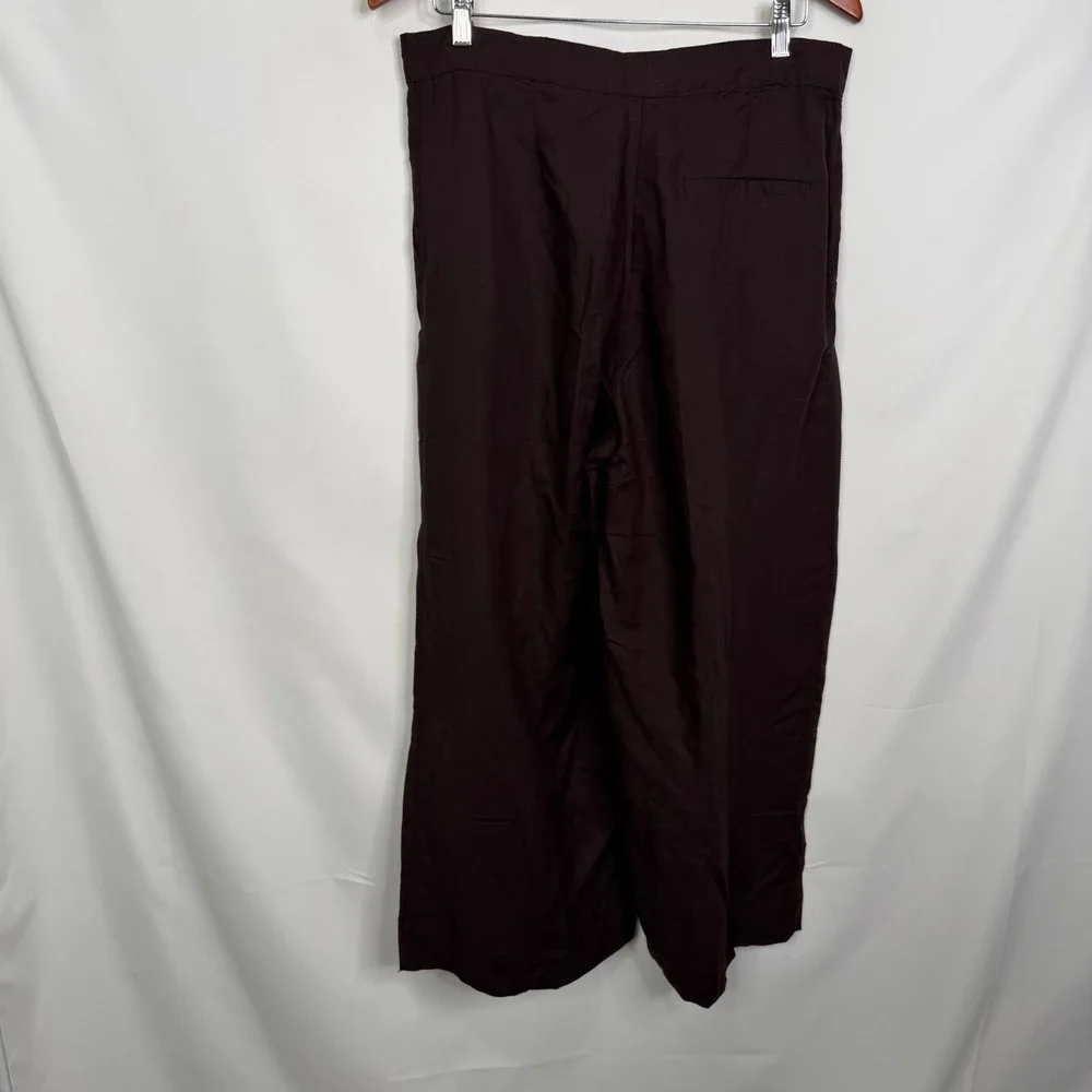 HM Linen Blend Wide Leg Trousers Brown Pleated Cropped Pants US 10 NEW